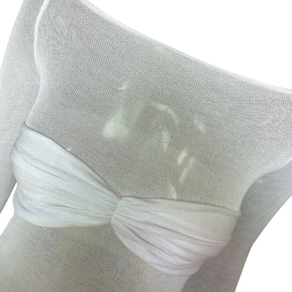 Women's Long Sleeve Crop Top Mesh Ruched Slim Fit Off Shoulder Y2K Style - Picture 8 of 9